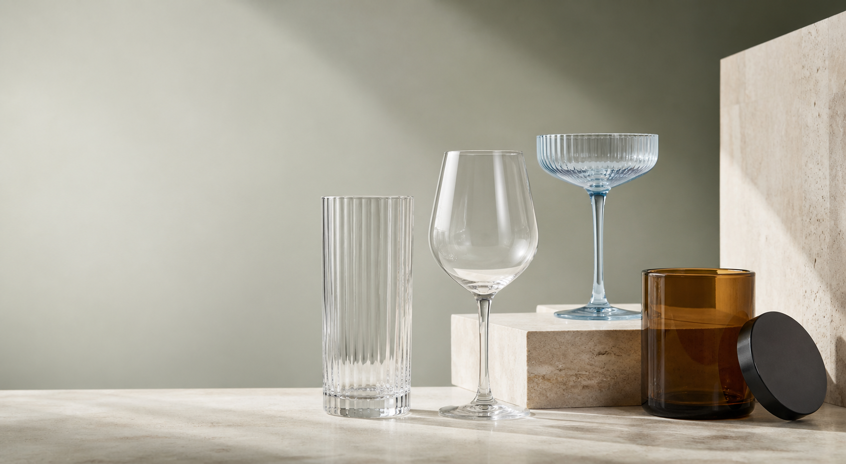 Wholesale glassware range from China with highball wine coupe and amber candle jar